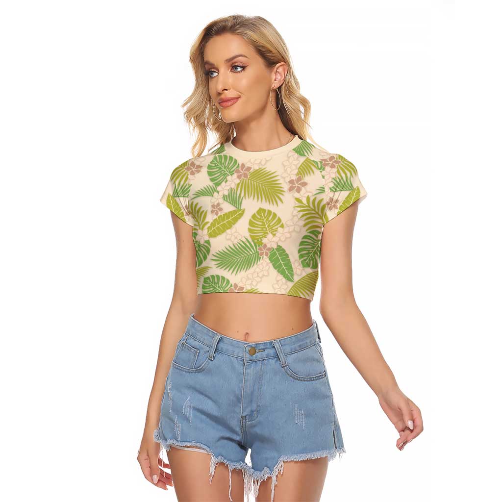 Beige Hawaii Plumeria Lei With Tropical Leaves Raglan Cropped T Shirt LT14 Female Beige - Polynesian Pride