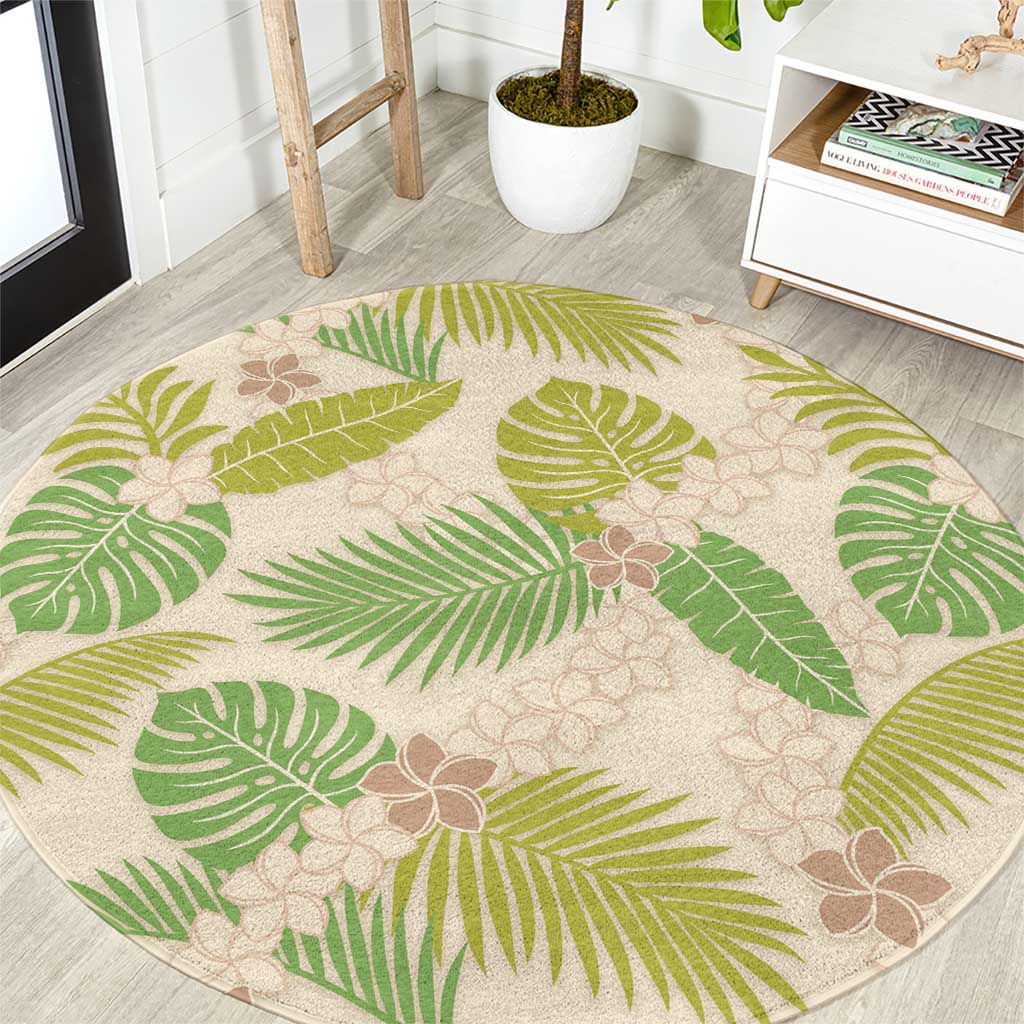Beige Hawaii Plumeria Lei With Tropical Leaves Round Carpet LT14 Beige - Polynesian Pride