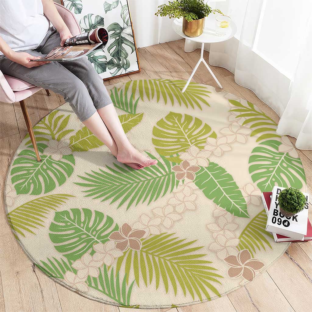 Beige Hawaii Plumeria Lei With Tropical Leaves Round Carpet LT14 - Polynesian Pride