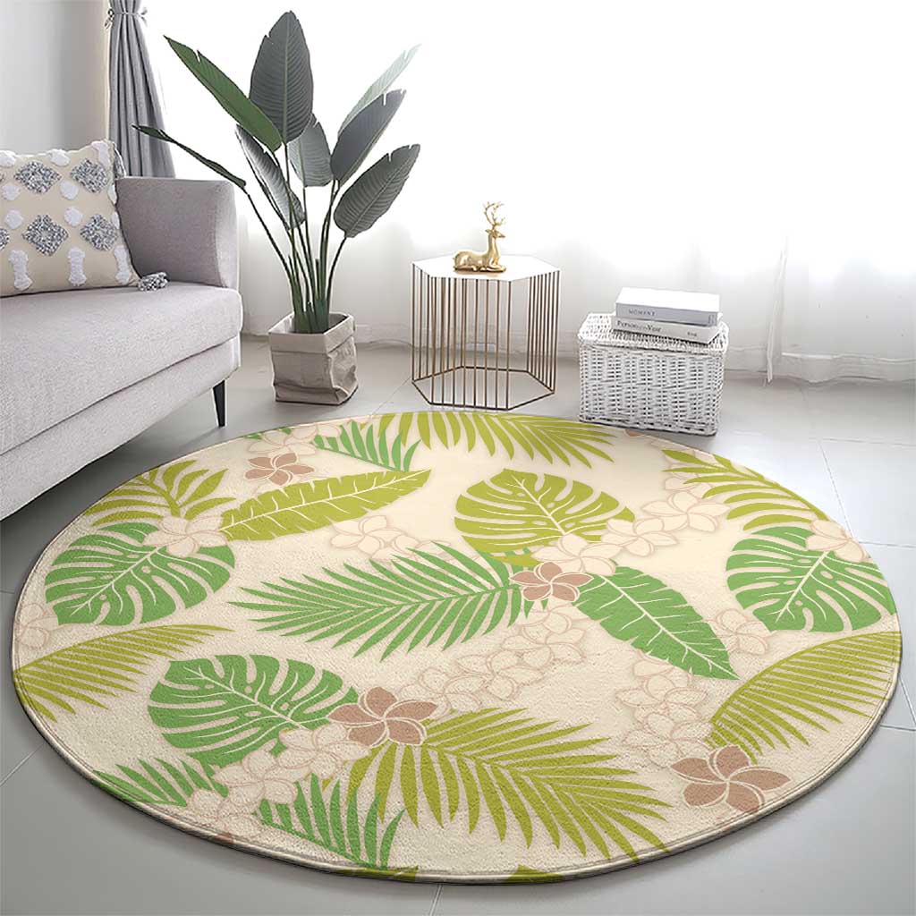 Beige Hawaii Plumeria Lei With Tropical Leaves Round Carpet LT14 - Polynesian Pride