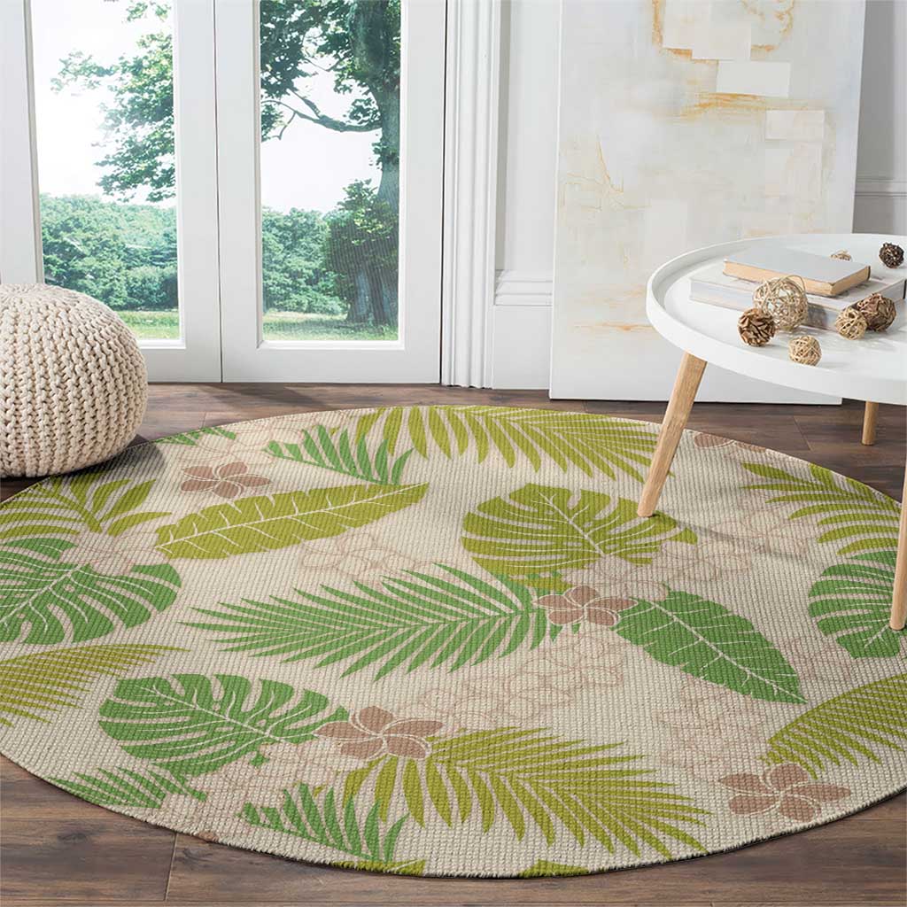 Beige Hawaii Plumeria Lei With Tropical Leaves Round Carpet LT14 - Polynesian Pride