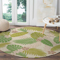 Beige Hawaii Plumeria Lei With Tropical Leaves Round Carpet LT14 - Polynesian Pride