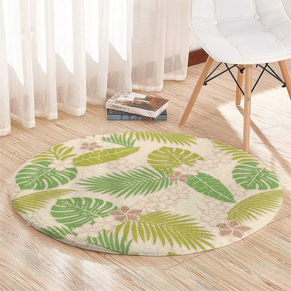 Beige Hawaii Plumeria Lei With Tropical Leaves Round Carpet LT14 - Polynesian Pride