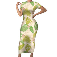 Beige Hawaii Plumeria Lei With Tropical Leaves Short Sleeve Bodycon Dress LT14 Long Dress Beige - Polynesian Pride