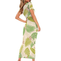 Beige Hawaii Plumeria Lei With Tropical Leaves Short Sleeve Bodycon Dress LT14 - Polynesian Pride