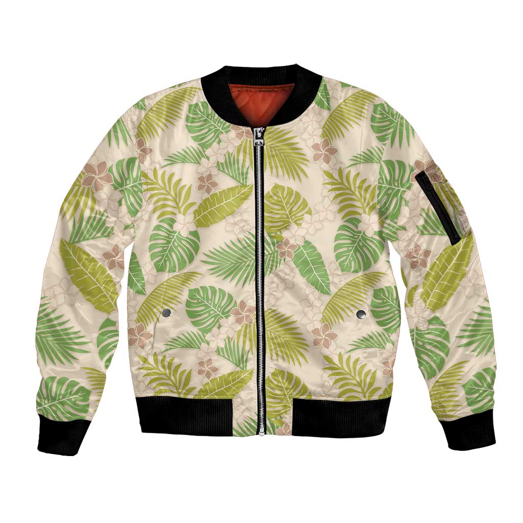 Beige Hawaii Plumeria Lei With Tropical Leaves Sleeve Zip Bomber Jacket LT14 Unisex Beige - Polynesian Pride