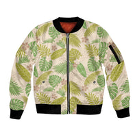 Beige Hawaii Plumeria Lei With Tropical Leaves Sleeve Zip Bomber Jacket LT14 Unisex Beige - Polynesian Pride