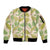 Beige Hawaii Plumeria Lei With Tropical Leaves Sleeve Zip Bomber Jacket