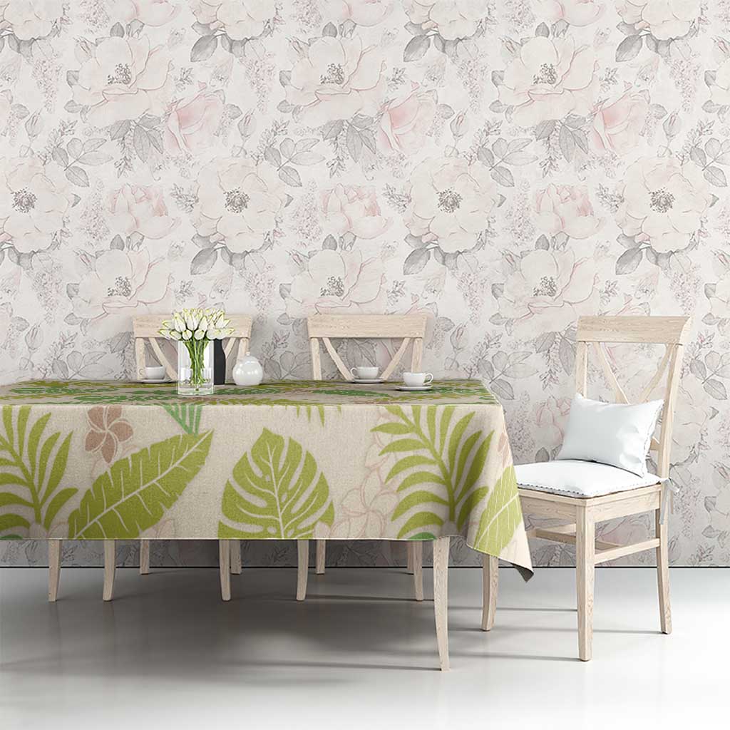Beige Hawaii Plumeria Lei With Tropical Leaves Tablecloth LT14 - Polynesian Pride