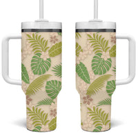Beige Hawaii Plumeria Lei With Tropical Leaves Tumbler With Handle LT14 One Size: 40 oz Beige - Polynesian Pride