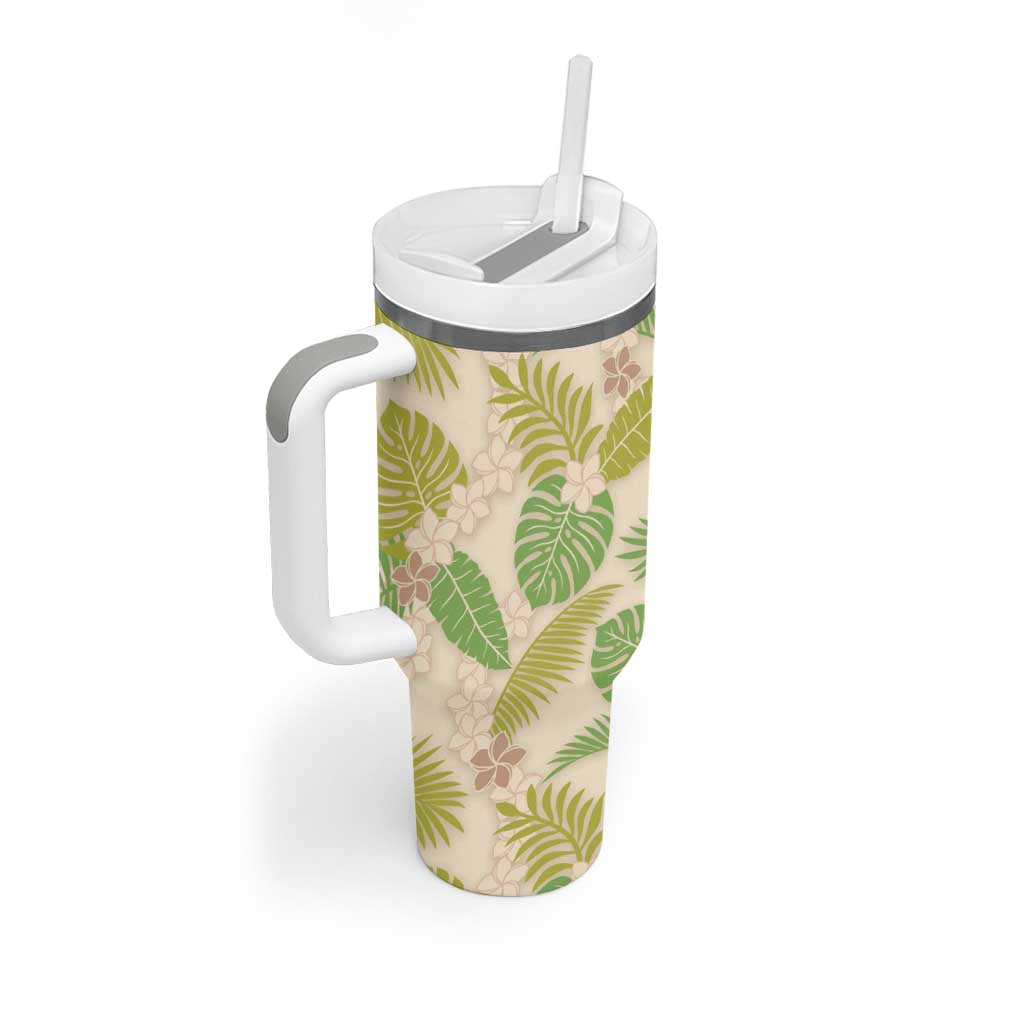 Beige Hawaii Plumeria Lei With Tropical Leaves Tumbler With Handle LT14 - Polynesian Pride