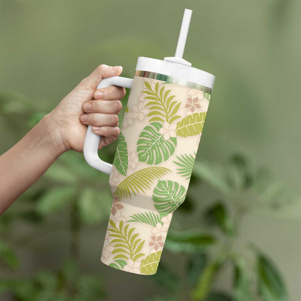 Beige Hawaii Plumeria Lei With Tropical Leaves Tumbler With Handle LT14 - Polynesian Pride