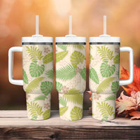 Beige Hawaii Plumeria Lei With Tropical Leaves Tumbler With Handle LT14 - Polynesian Pride