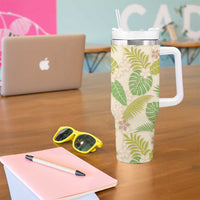 Beige Hawaii Plumeria Lei With Tropical Leaves Tumbler With Handle LT14 - Polynesian Pride