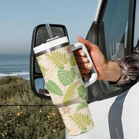 Beige Hawaii Plumeria Lei With Tropical Leaves Tumbler With Handle LT14 - Polynesian Pride