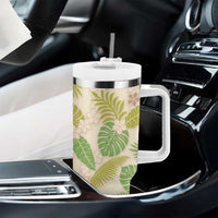 Beige Hawaii Plumeria Lei With Tropical Leaves Tumbler With Handle LT14 - Polynesian Pride