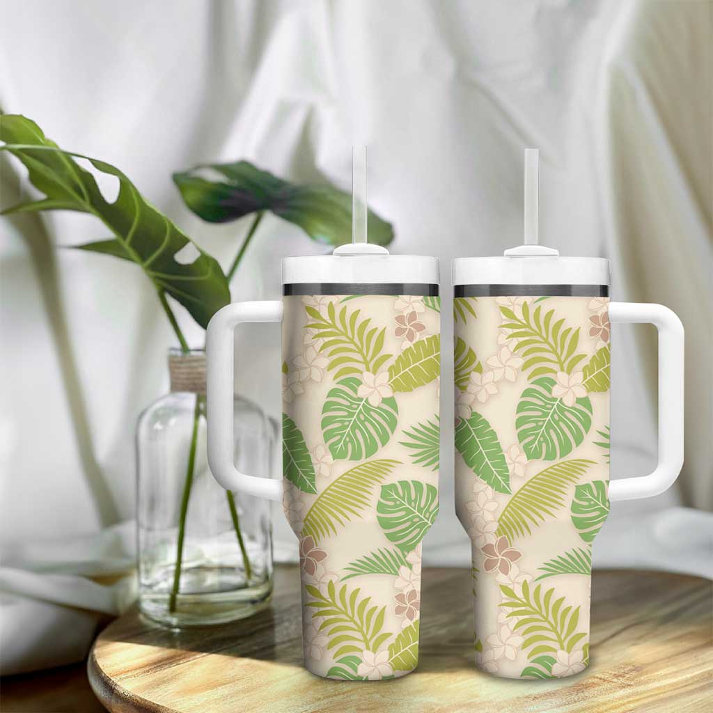 Beige Hawaii Plumeria Lei With Tropical Leaves Tumbler With Handle LT14 - Polynesian Pride
