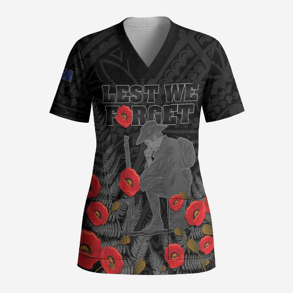 Personalised New Zealand ANZAC Day Scrub Top Lest We Forget Soldier Memorial LT15 Adult Black - Polynesian Pride