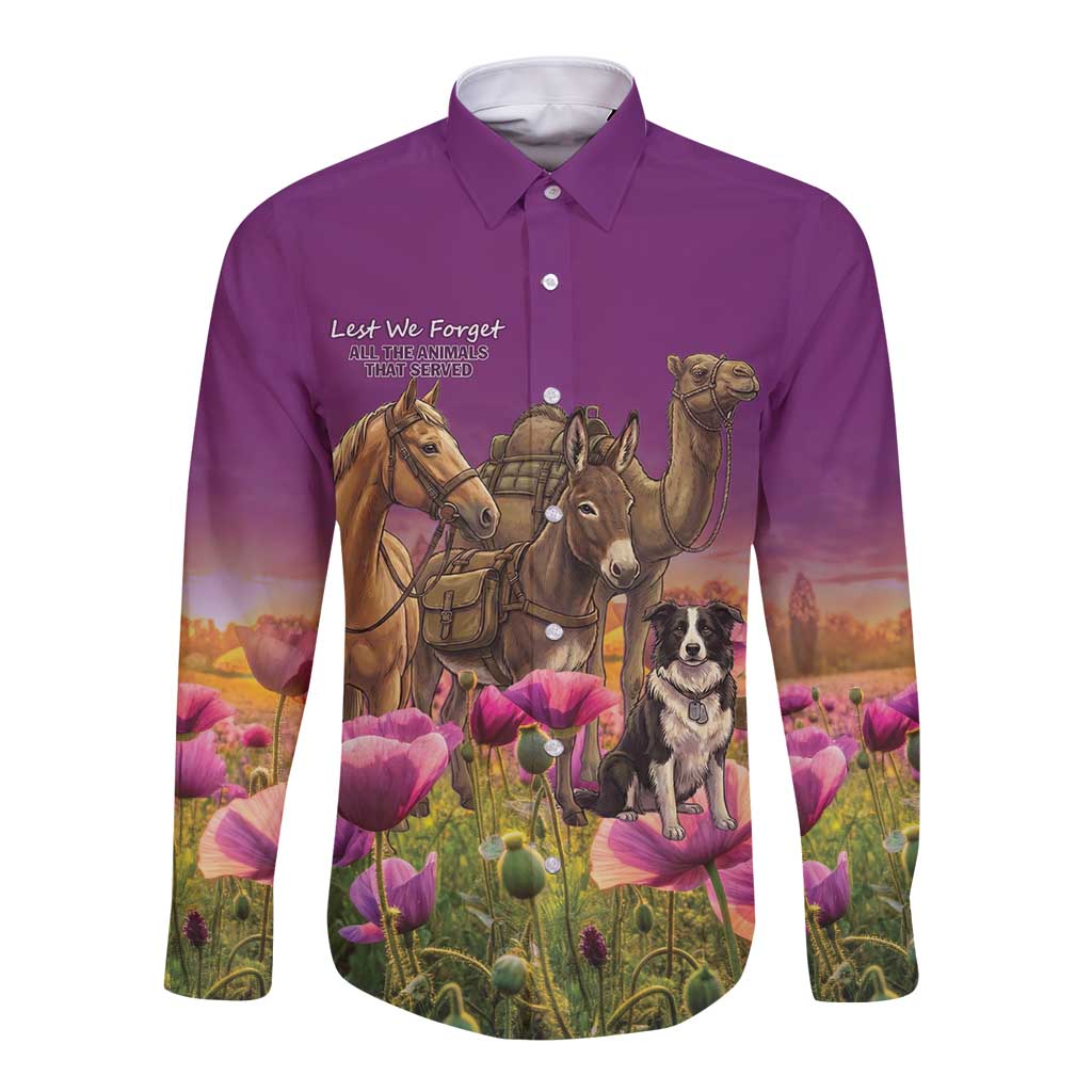 ANZAC Day Long Sleeve Button Shirt Lest We Forget The Animals Of War LT15 Unisex Purple - Polynesian Pride