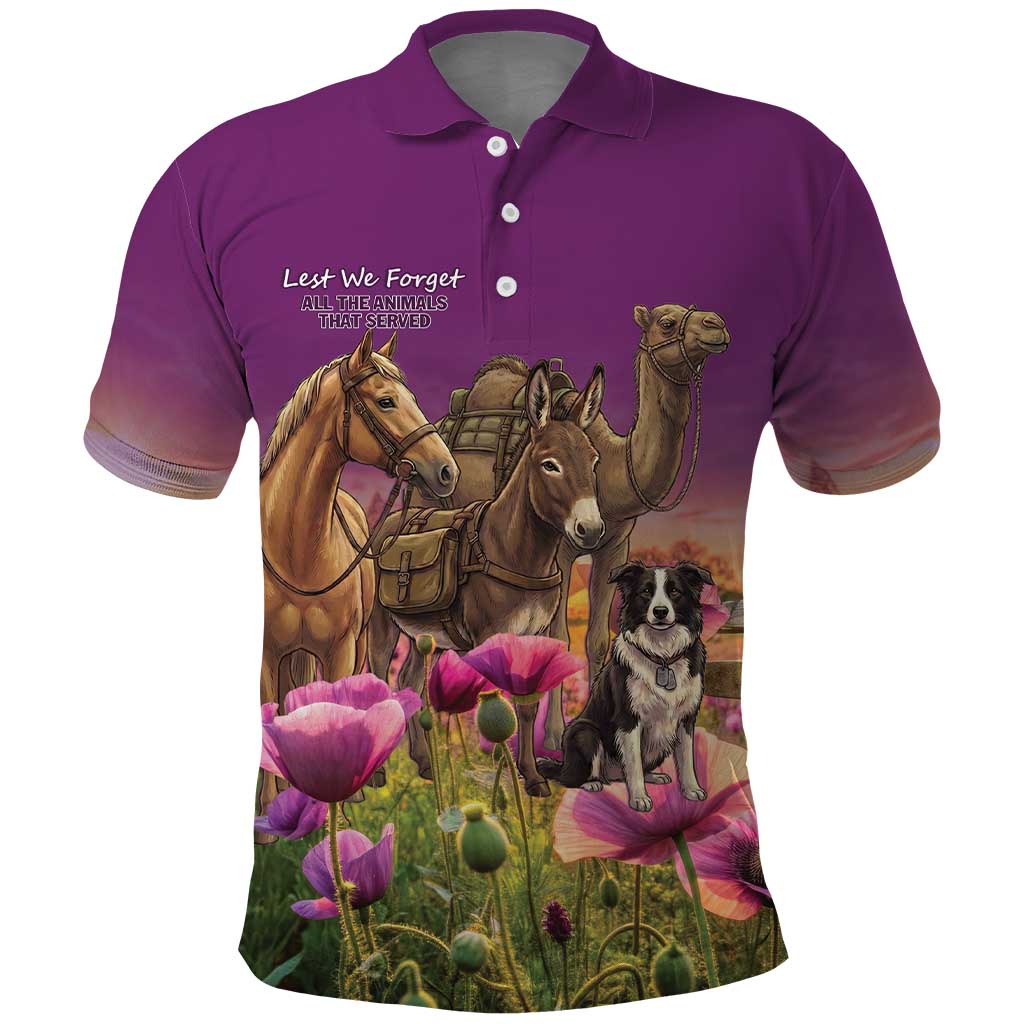 ANZAC Day Polo Shirt Lest We Forget The Animals Of War LT15 Purple - Polynesian Pride