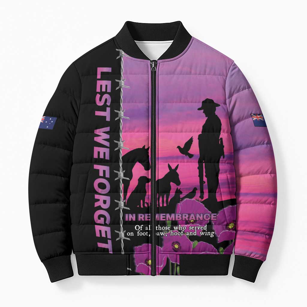 Personalised ANZAC War Animals Bomber Puffer Jacket Lest We Forget Memorial LT15 Unisex Purple - Polynesian Pride