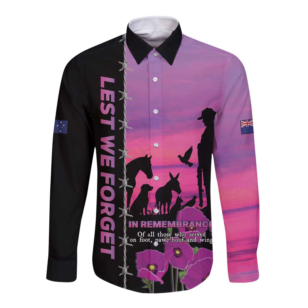 Personalised ANZAC War Animals Long Sleeve Button Shirt Lest We Forget Memorial LT15 Unisex Purple - Polynesian Pride