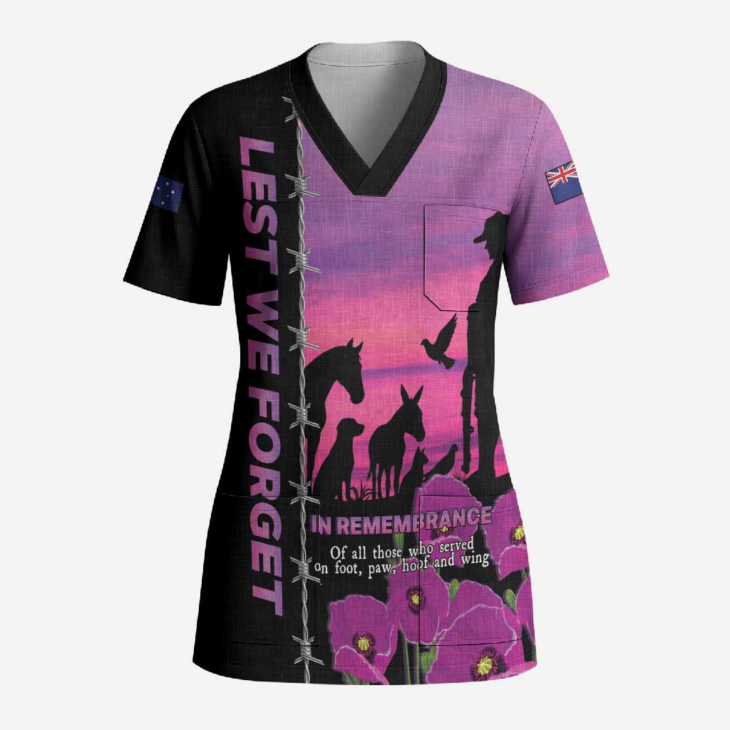 Personalised ANZAC War Animals Scrub Top Lest We Forget Memorial LT15 Adult Purple - Polynesian Pride
