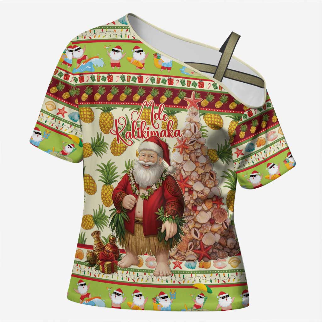 Hawaiian Santa Aloha Pineapple Christmas Cross Shoulder Shirt Mele Kalikimaka LT15 Female Cream - Polynesian Pride