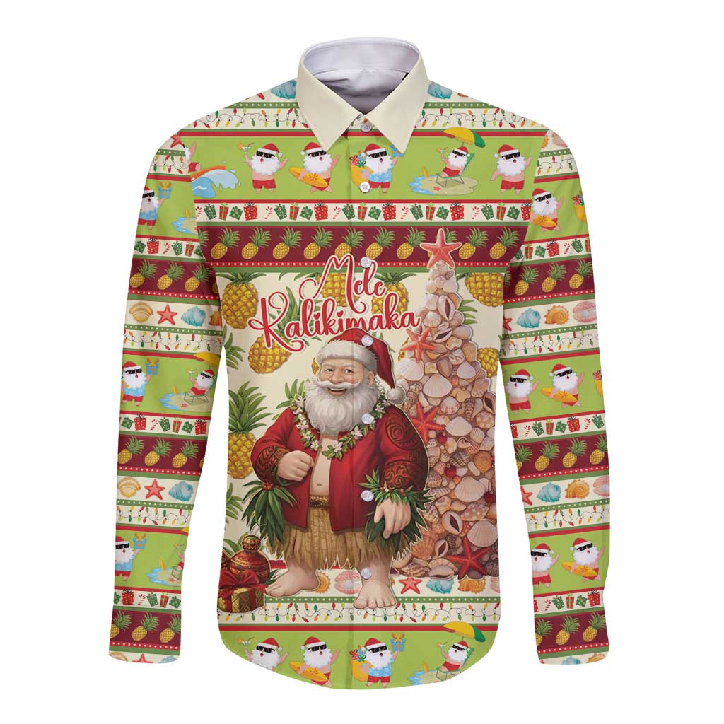Hawaiian Santa Aloha Pineapple Christmas Long Sleeve Button Shirt Mele Kalikimaka LT15 Unisex Cream - Polynesian Pride