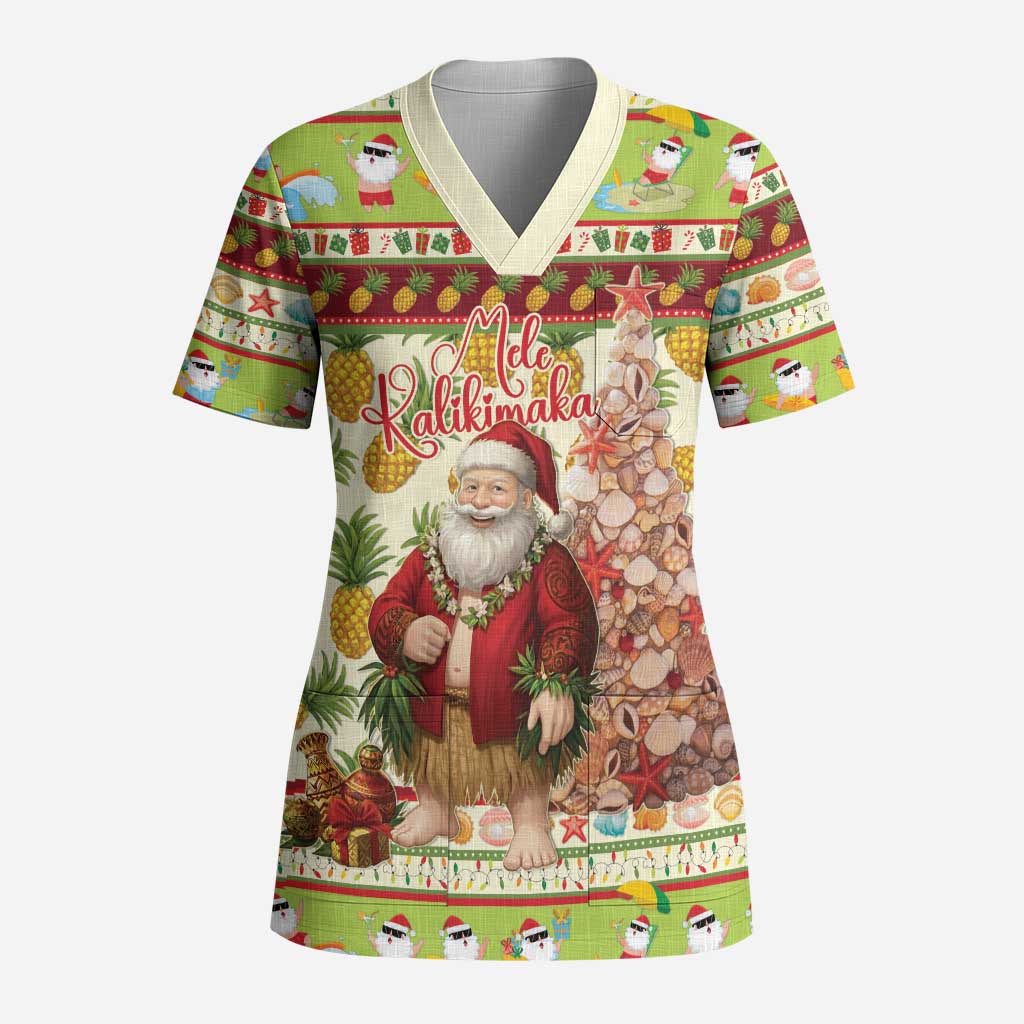 Hawaiian Santa Aloha Pineapple Christmas Scrub Top Mele Kalikimaka LT15 Adult Cream - Polynesian Pride