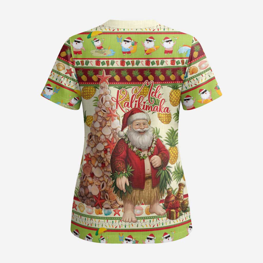 Hawaiian Santa Aloha Pineapple Christmas Scrub Top Mele Kalikimaka LT15 - Polynesian Pride