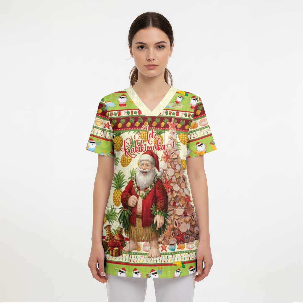 Hawaiian Santa Aloha Pineapple Christmas Scrub Top Mele Kalikimaka LT15 - Polynesian Pride
