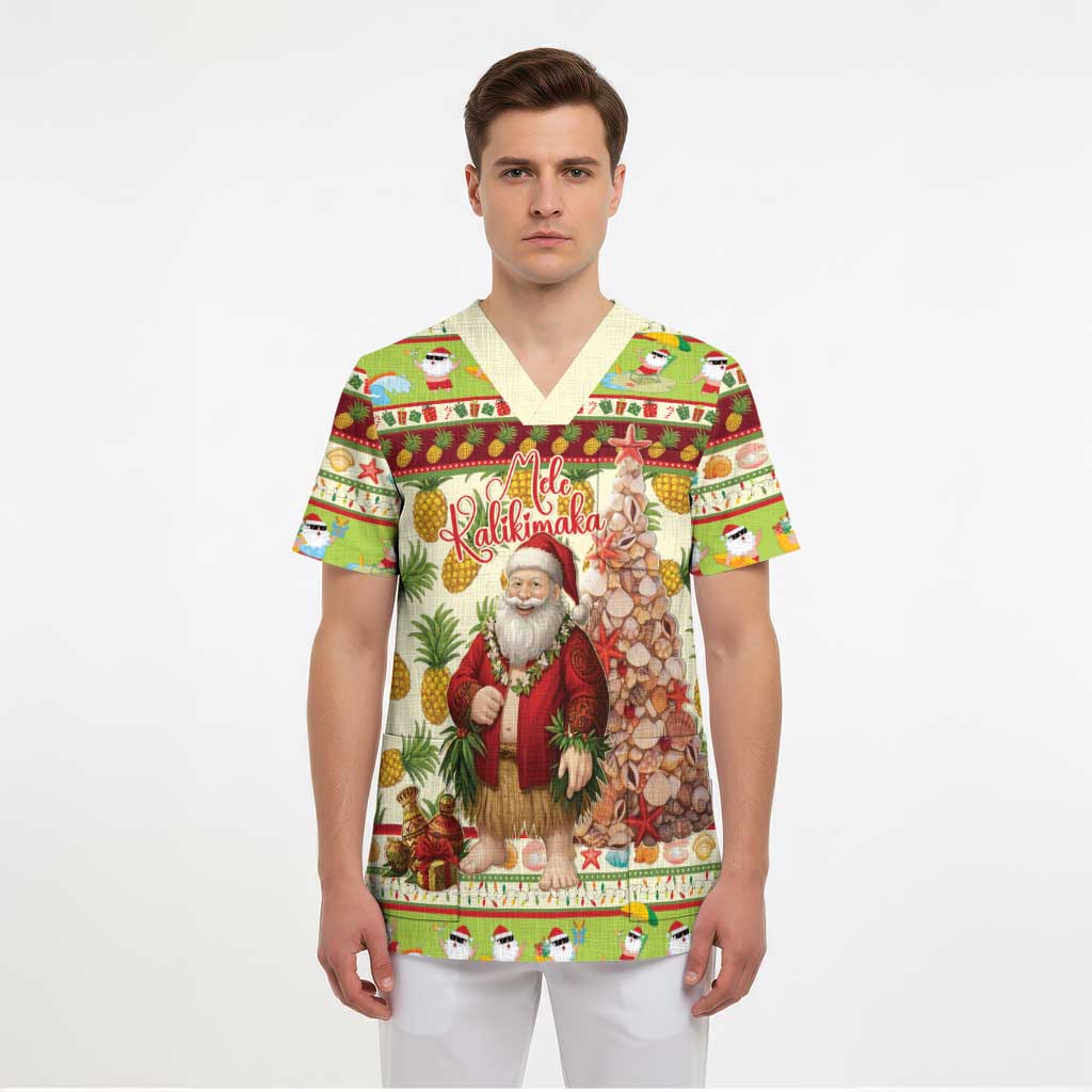 Hawaiian Santa Aloha Pineapple Christmas Scrub Top Mele Kalikimaka LT15 - Polynesian Pride