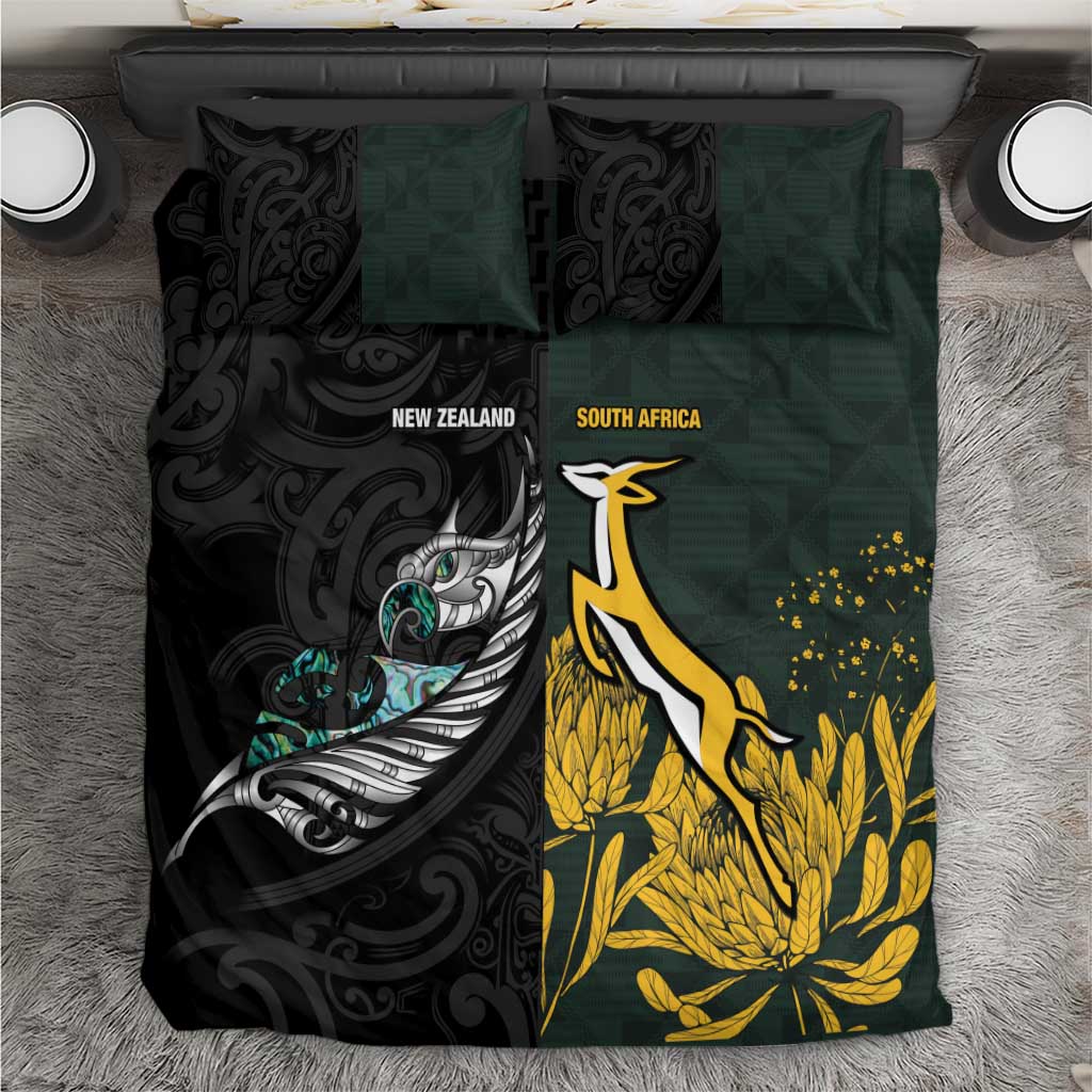 New Zealand and South Africa Rugby Bedding Set Silver Fern With Springboks LT15 Black - Polynesian Pride