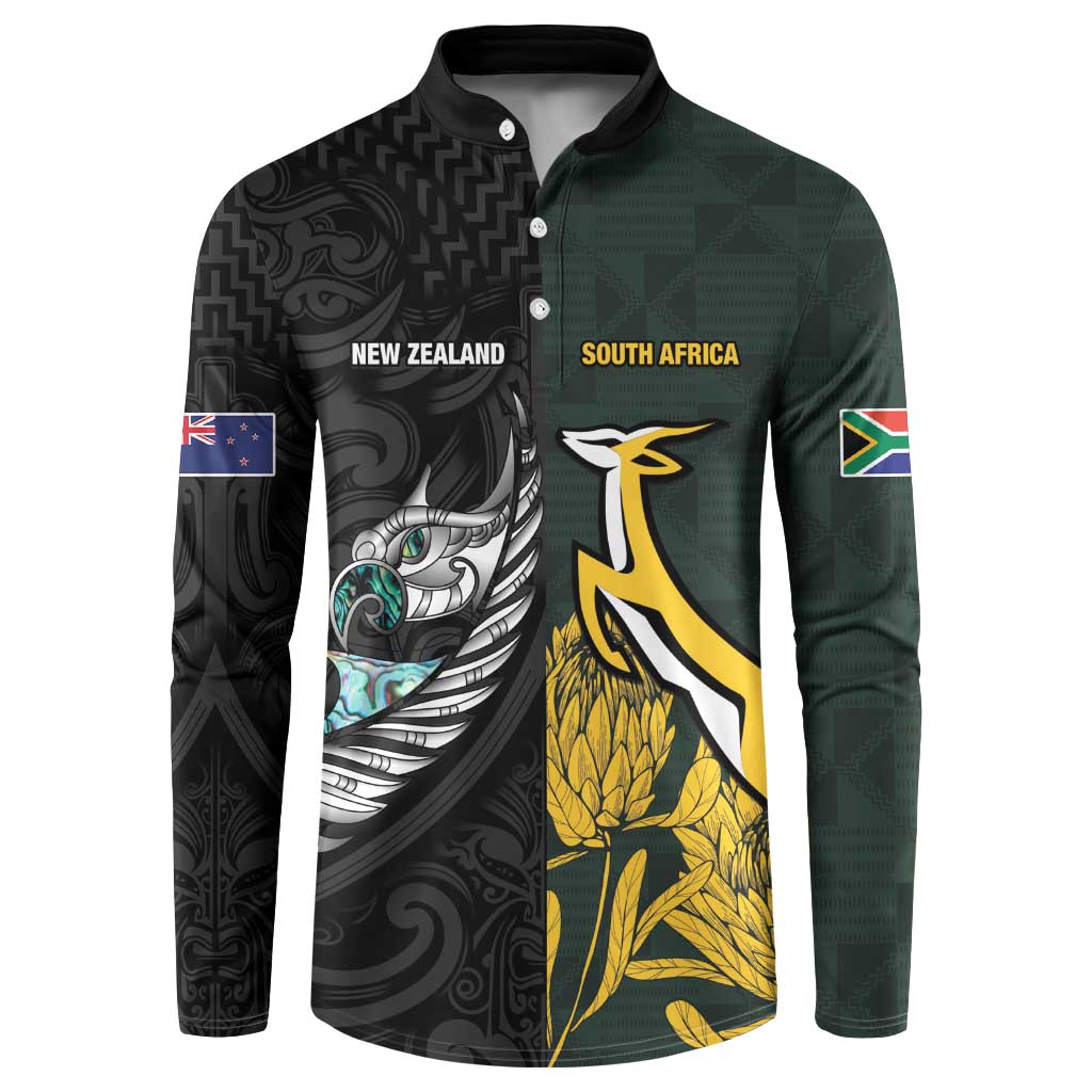New Zealand and South Africa Rugby Custom Button Sweatshirt Silver Fern With Springboks LT15 Black - Polynesian Pride