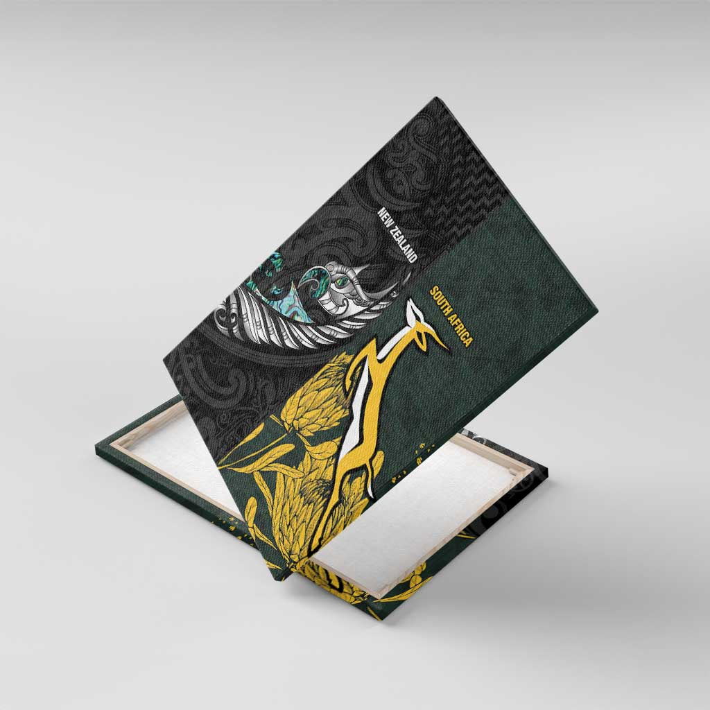 New Zealand and South Africa Rugby Canvas Wall Art Silver Fern With Springboks LT15 With Frame Black - Polynesian Pride