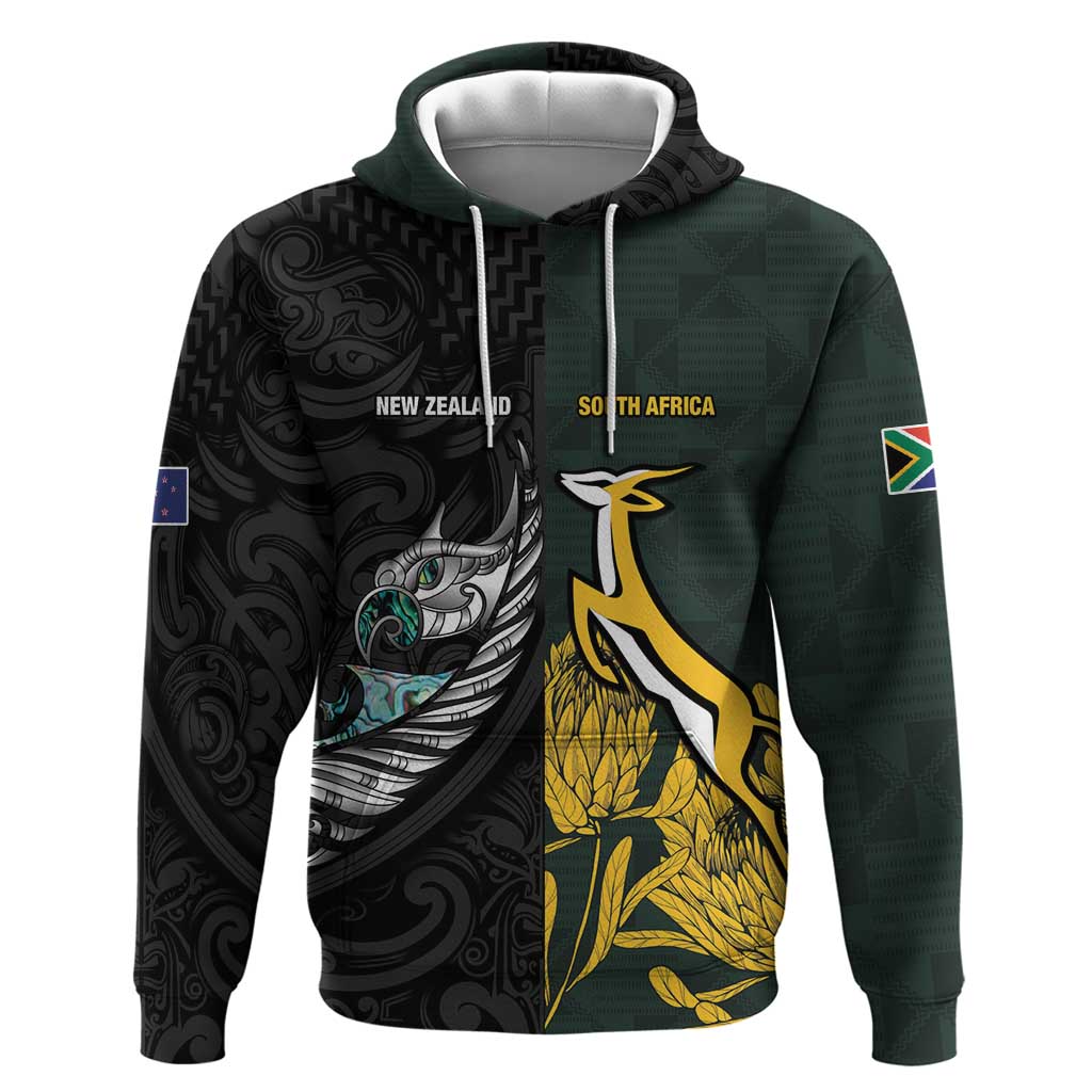 New Zealand and South Africa Rugby Custom Hoodie Silver Fern With Springboks LT15 Pullover Hoodie Black - Polynesian Pride
