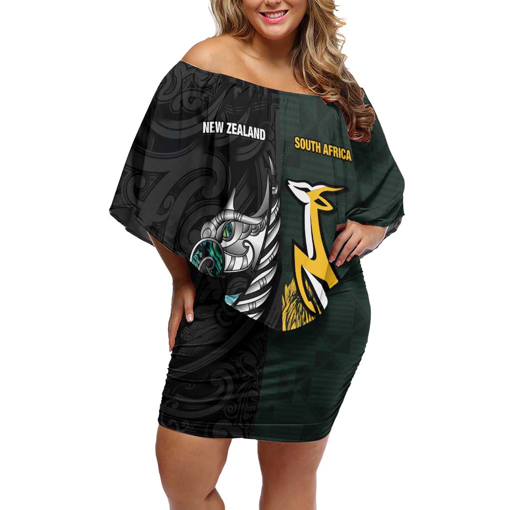 New Zealand and South Africa Rugby Custom Off Shoulder Short Dress Silver Fern With Springboks LT15 Women Black - Polynesian Pride