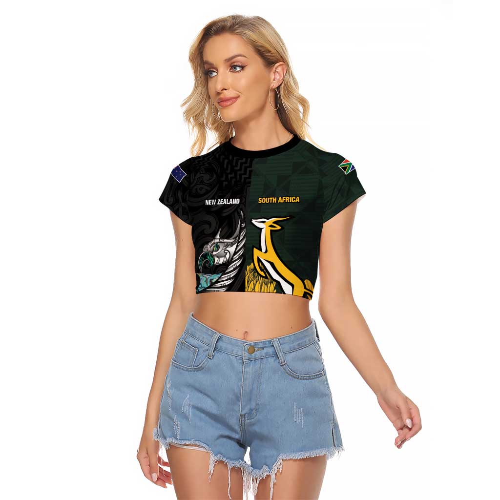 New Zealand and South Africa Rugby Custom Raglan Cropped T Shirt Silver Fern With Springboks LT15 Female Black - Polynesian Pride