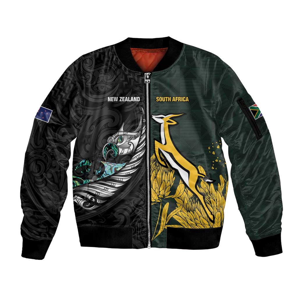 New Zealand and South Africa Rugby Custom Sleeve Zip Bomber Jacket Silver Fern With Springboks LT15 Unisex Black - Polynesian Pride