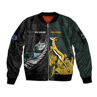 New Zealand and South Africa Rugby Custom Sleeve Zip Bomber Jacket Silver Fern With Springboks LT15 Unisex Black - Polynesian Pride
