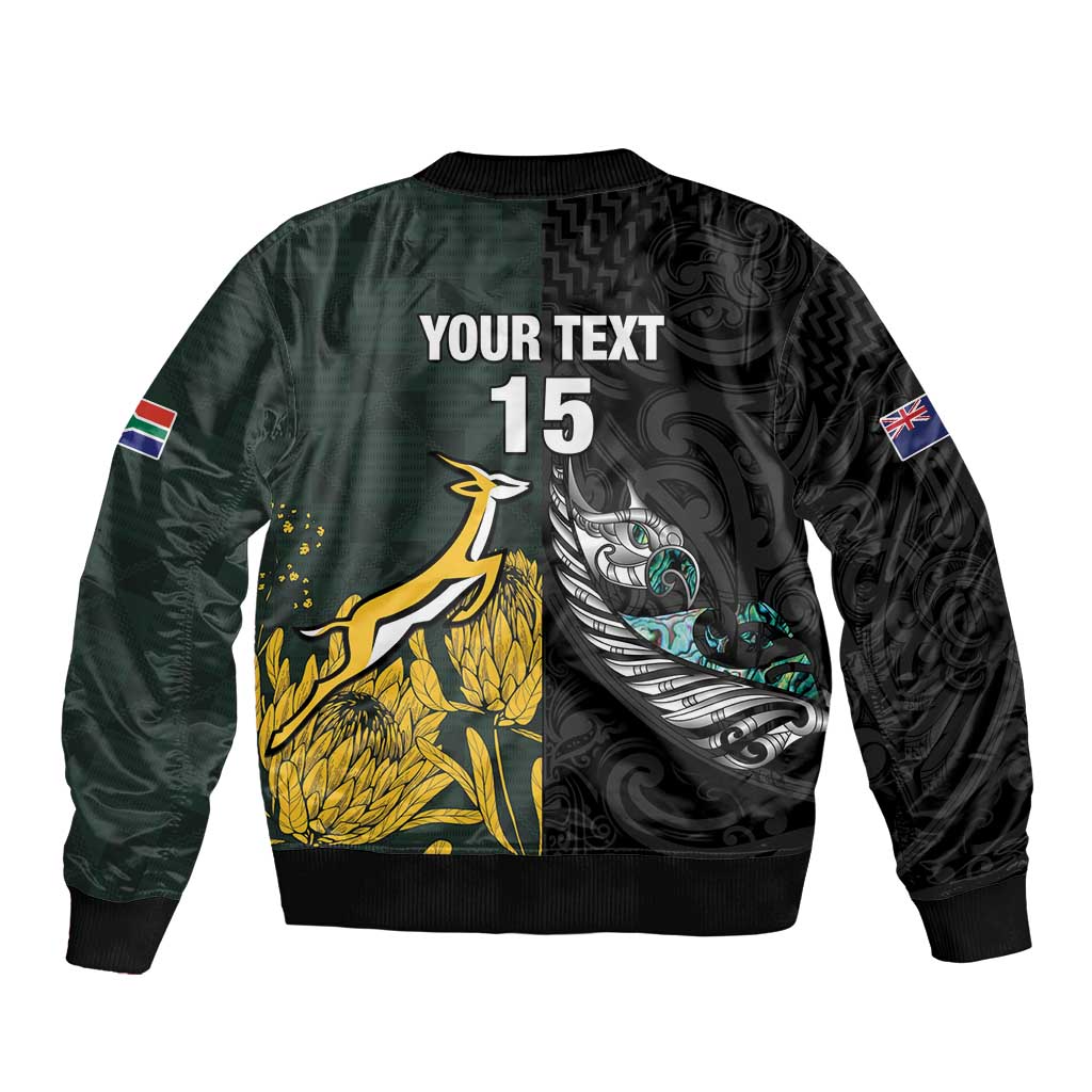 New Zealand and South Africa Rugby Custom Sleeve Zip Bomber Jacket Silver Fern With Springboks LT15 - Polynesian Pride
