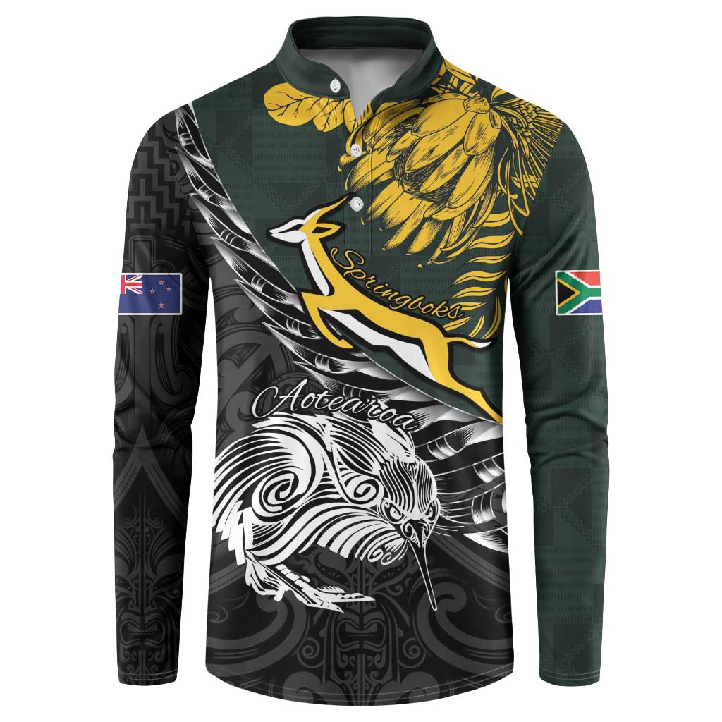 New Zealand and South Africa Rugby Personalised Button Sweatshirt Maori Kiwi With Springboks LT15 Black - Polynesian Pride