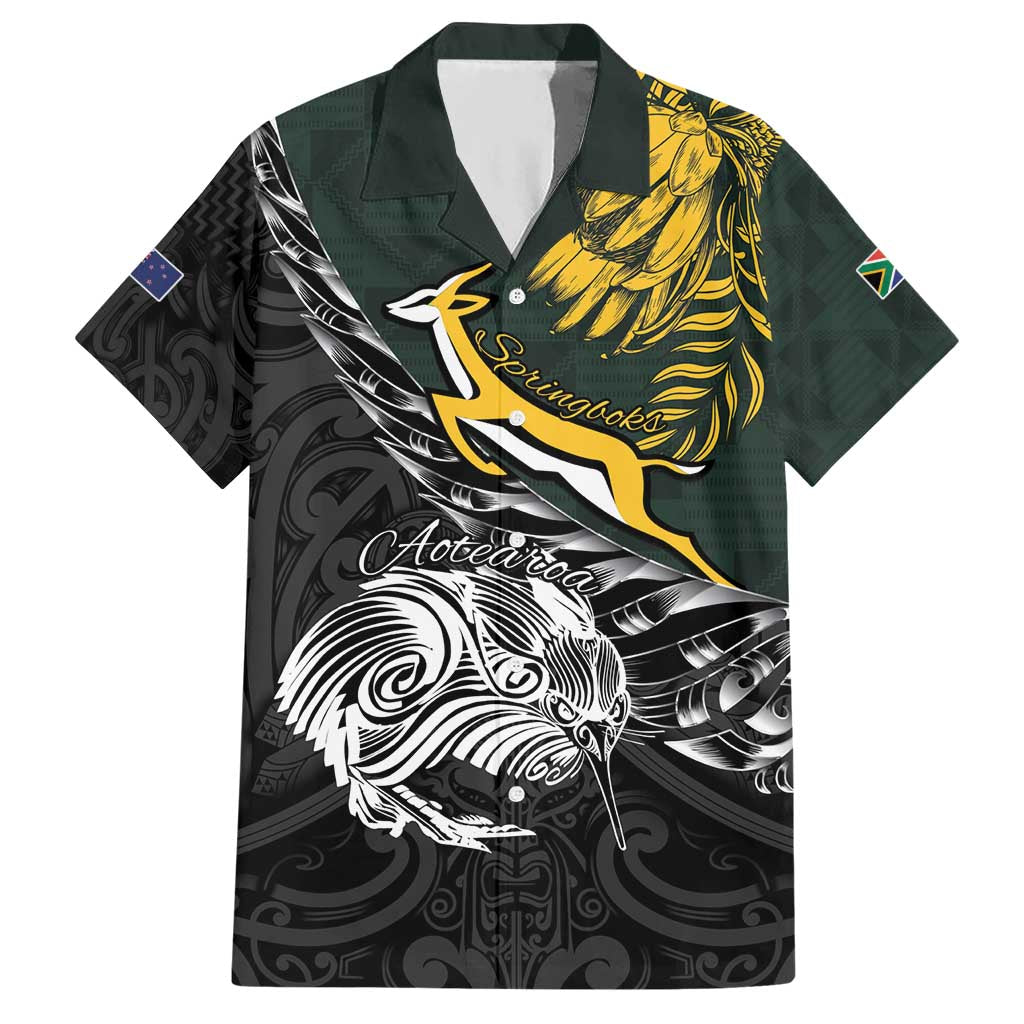 New Zealand and South Africa Rugby Personalised Hawaiian Shirt Maori Kiwi With Springboks LT15 Black - Polynesian Pride