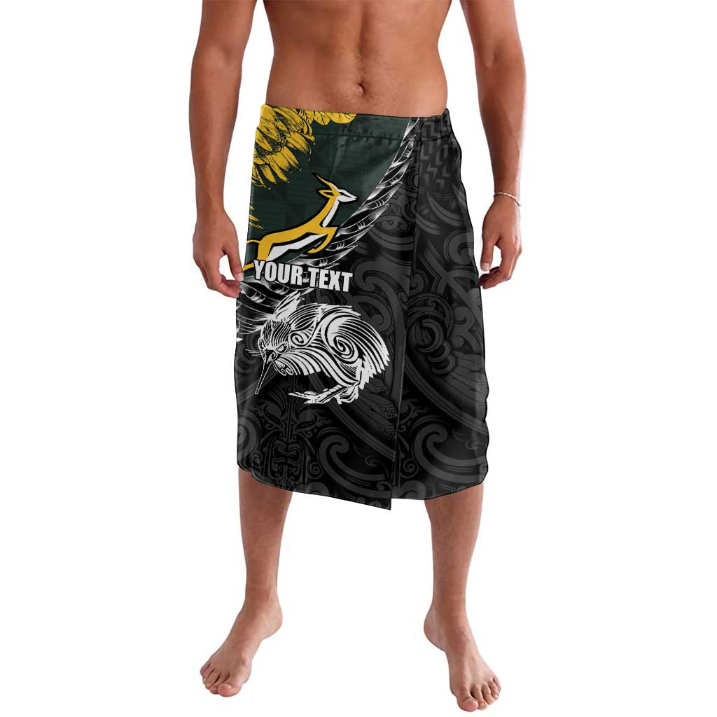 New Zealand and South Africa Rugby Personalised Lavalava Maori Kiwi With Springboks LT15 Black - Polynesian Pride