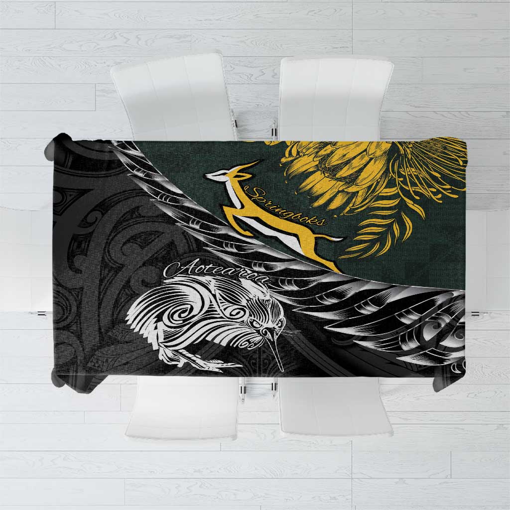 New Zealand and South Africa Rugby Tablecloth Maori Kiwi With Springboks LT15 Black - Polynesian Pride