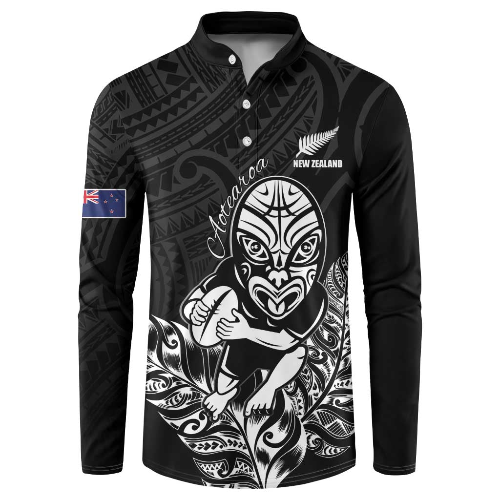 New Zealand Silver Fern Rugby Custom Button Sweatshirt Maori Tiki Black Version LT15 Black - Polynesian Pride