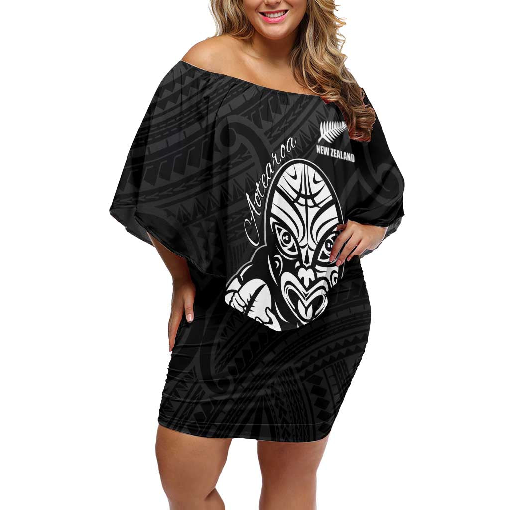 New Zealand Silver Fern Rugby Custom Off Shoulder Short Dress Maori Tiki Black Version LT15 Women Black - Polynesian Pride