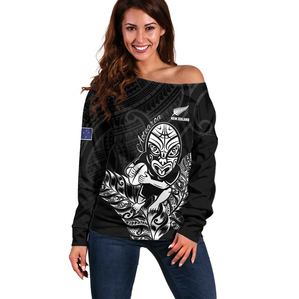 New Zealand Silver Fern Rugby Custom Off Shoulder Sweater Maori Tiki Black Version LT15 Women Black - Polynesian Pride
