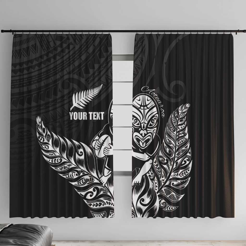 New Zealand Silver Fern Rugby Custom Window Curtain Maori Tiki Black Version LT15 With Hooks Black - Polynesian Pride